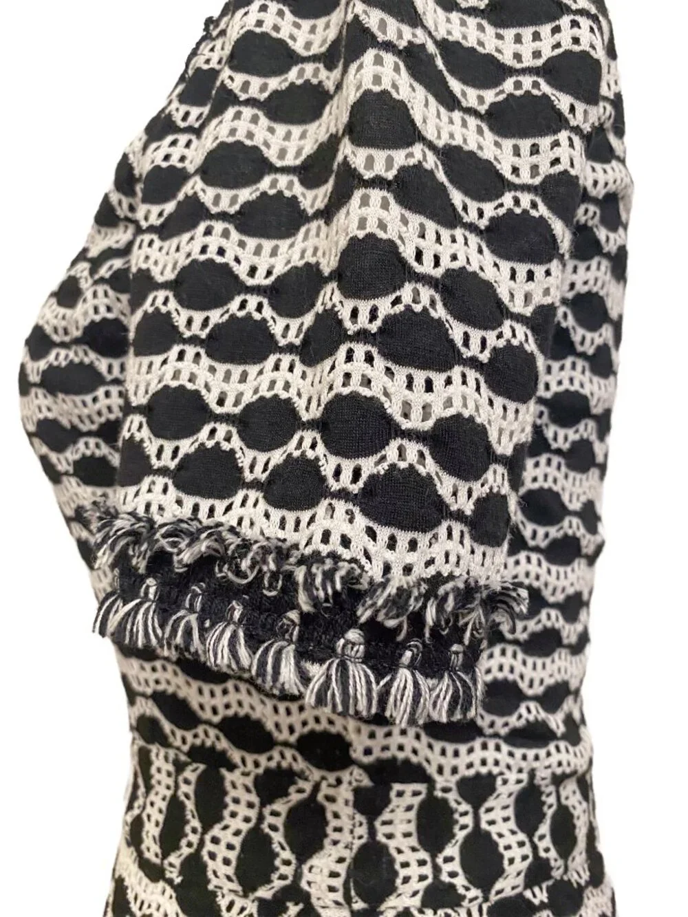 TORY BURCH Paulina Knit Fringe Midi A-Line Dress Black Cream XS Kate Middleton